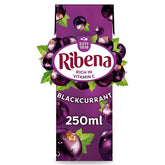 A 250ml Ribena - Blackcurrant Juice Drink Carton with "Rich in Vitamin C" labeled on the front. The packaging is purple with images of blackcurrants and green leaves.